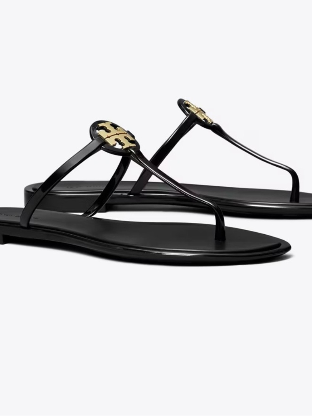 Tory Burch Black Patent Miller Logo Thong Sandals with Gold Emblem - Picture 3 of 4